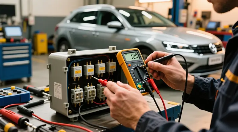 Relės diagnostika multimetru Volkswagen automobilio elektros dėžutėje - šiluminių gedimų nustatymas