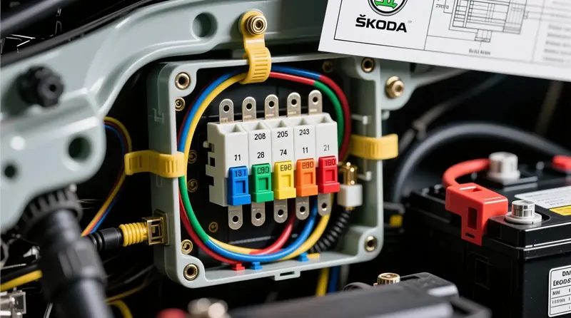 Tinkamo laidų storio parinkimas ir saugiklių išdėstymas papildomame bloke Škoda Kodiaq automobilyje pagal 12V sistemos reikalavimus