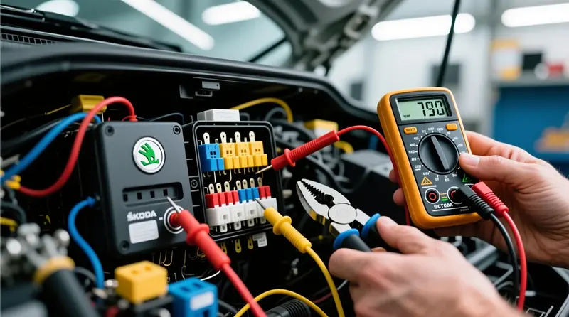Saugiklių dėžės testavimas multimetru ieškant parazitinio srovės nutekėjimo Škoda automobilyje