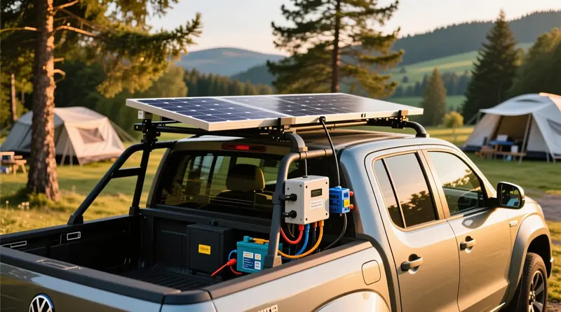 Saulės baterijos sistema su MPPT kontroleriu sumontuota ant Volkswagen Amarok automobilio kempingui