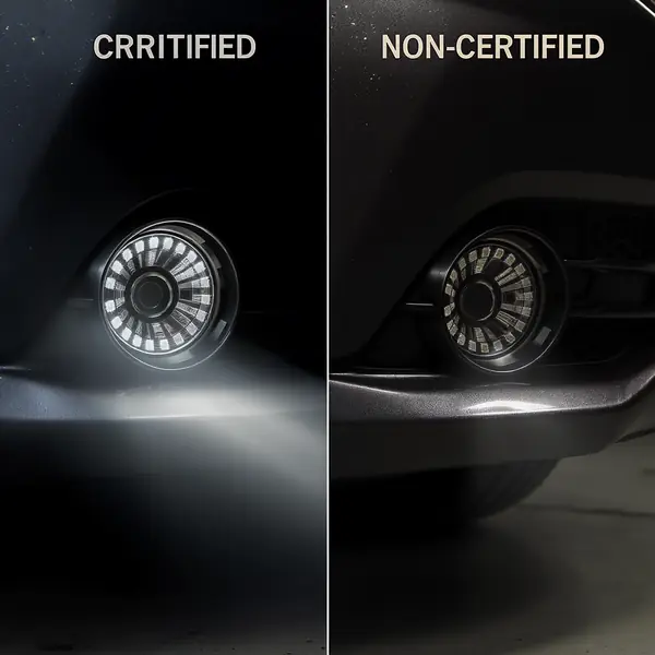 Sertifikuotų ir nesertifikuotų LED žibintų kokybės palyginimas automobilių priekyje