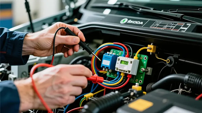 Škoda Kodiaq elektros grandinių diagnostika su multimetru ir laidų schemos sekimu dirbtuvėse