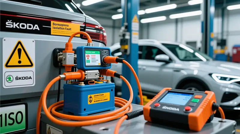 Škoda Enyaq iV elektromobilio aukštos įtampos baterijos izoliacijos diagnostikos įranga ir ISO klaidų nustatymo procesas servise