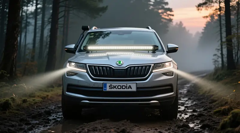 79cm LED BAR šviesos juosta ant Škoda Kodiaq SUV miško kelyje - ilgio palyginimas