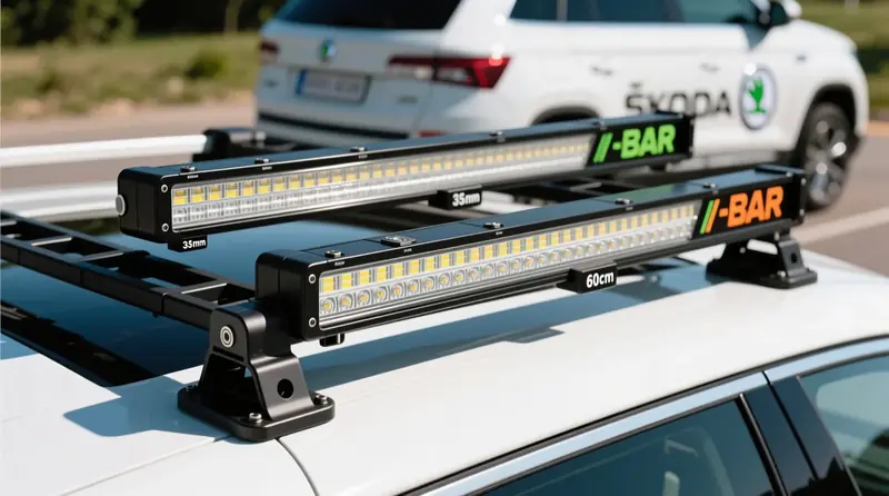 Super Slim ir E-BAR LED žibintų profilio palyginimas - montavimo skirtumai Škoda Kodiaq SUV