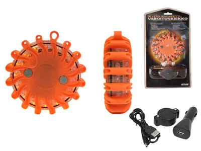 Įkraunamas LED įspėjamasis žibintas - oranžinis su 16 LED diodais, 9 mirgėjimo programomis, atsparumo vandeniui ir smūgiams savybėmis