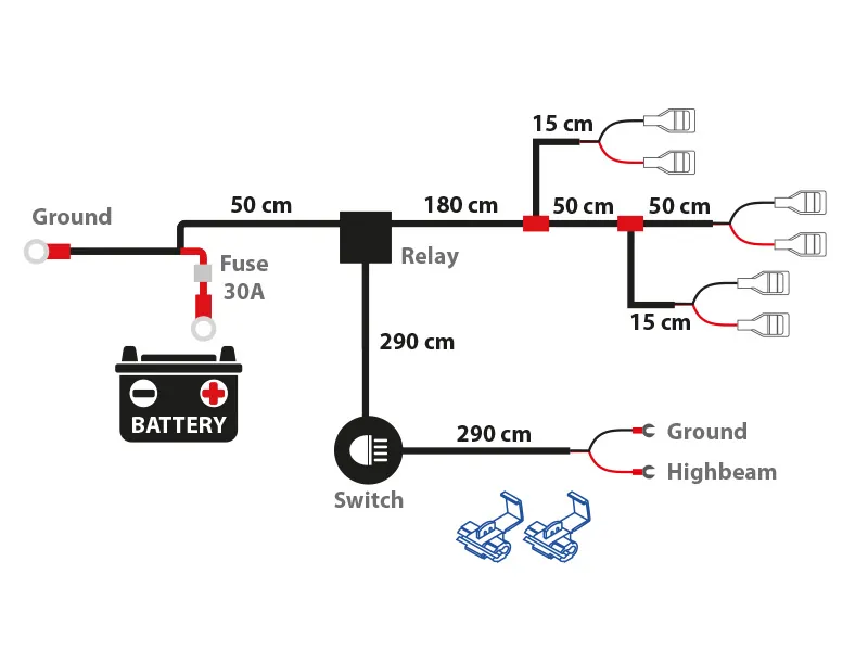 Universalus laidų komplektas trims žibintams - 12V, 300W, su 4-pin rele ir 30A saugikliu - Ledbarzibintai.lt