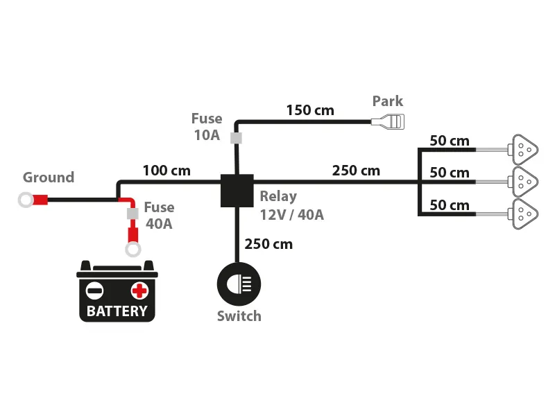 Universalus Laidų Komplektas su Deutsch DT jungtimis - 12V / 40A - Trims Papildomiems Žibintams - Ledbarzibintai.lt