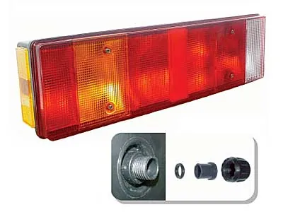 SIM 7 funkcijų galinis žibintas sunkvežimiams (MAN, Scania) su šonine žyma, numerio apšvietimu ir atšvaitu