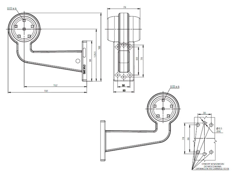 WAS LED šoninis gabaritinis žibintas - 12/24V, ECE/ADR patvirtintas, 4.78m laidas - Attēls 3