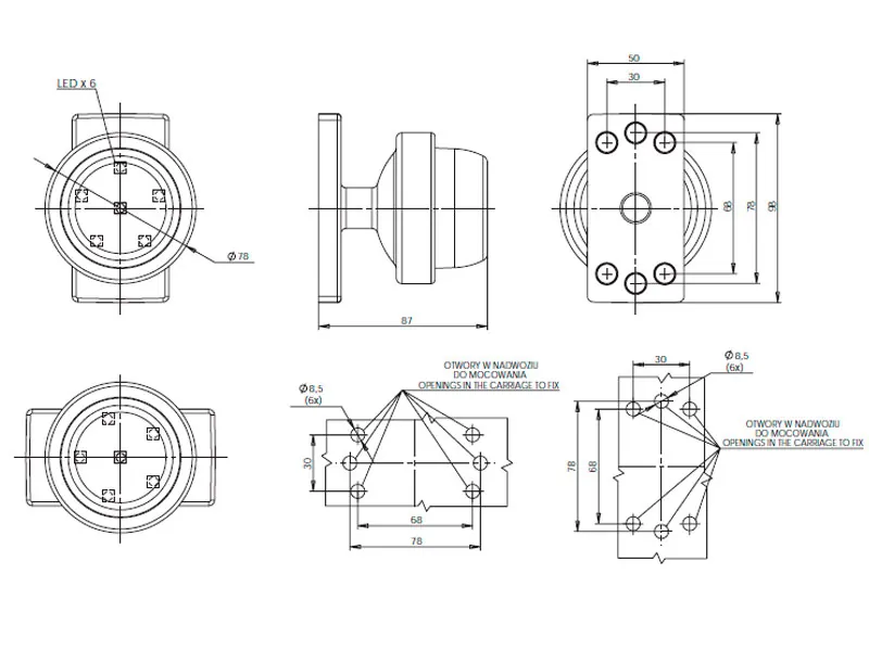WAS LED Geltonas Šoninis Gabaritinis Žibintas, 12/24V, ø 78mm, IP66/68 Sertifikatas - Attēls 2