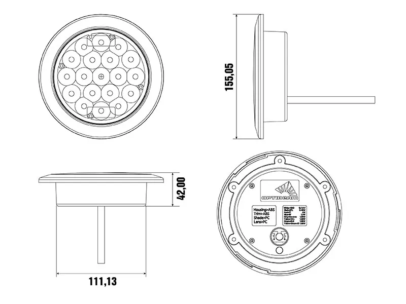 OPTIBEAM Dark Phantom apvalus LED galinis žibintas Ø155mm, 5m ADR kabelis - Attēls 8