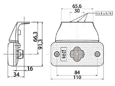 Geltonas LED Šoninis Gabaritinis Žibintas su Atšvaitu, 24V, 2 LED Diodai, Tvirtinimo Tarpas 30mm (SKU: 1608-5060) - Attēls 2