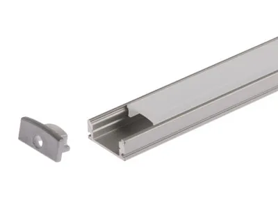 Aliuminio profilis 1m LED juostoms 17.3x8x1000mm su baltu plastikiniu dangteliu ir antgaliais