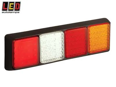 LED AUTOLAMPS Kvadratinis LED galinis žibintas kombinuotas (stabdymo, galinė šviesa, posūkio signalas, rūko žibintas, atbulinė eiga), IP67, juodu korpusu