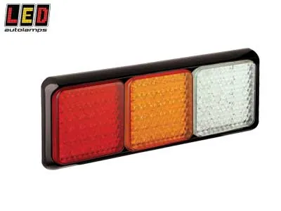 LED AUTOLAMPS Kvadratinis LED Galinis Žibintas - Stabdymo, Gabaritų, Posūkio ir Atbulinės Eigos Funkcijos, IP67, ECE, EMC (1614-100BRAWME)